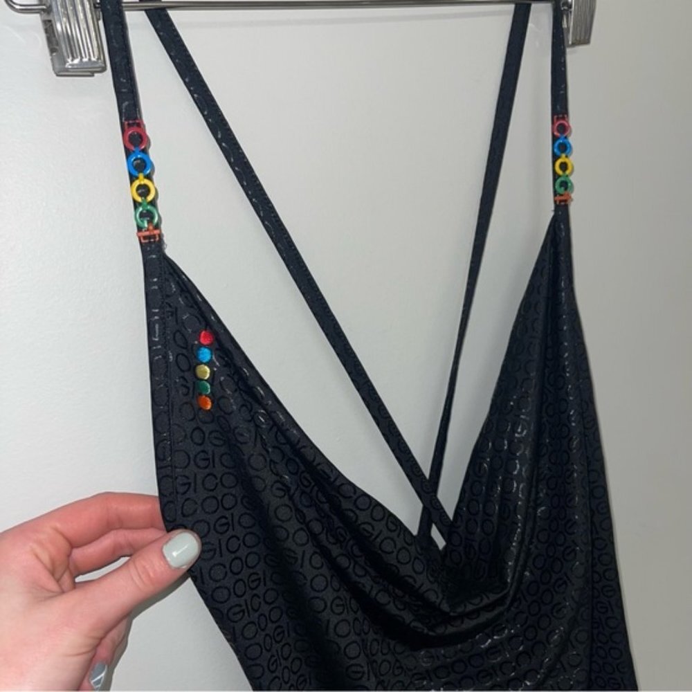 COOGI Swim Cover Up Dress Women's Size Large Black Shiny Cross Over Mini Vintage - Picture 4 of 7